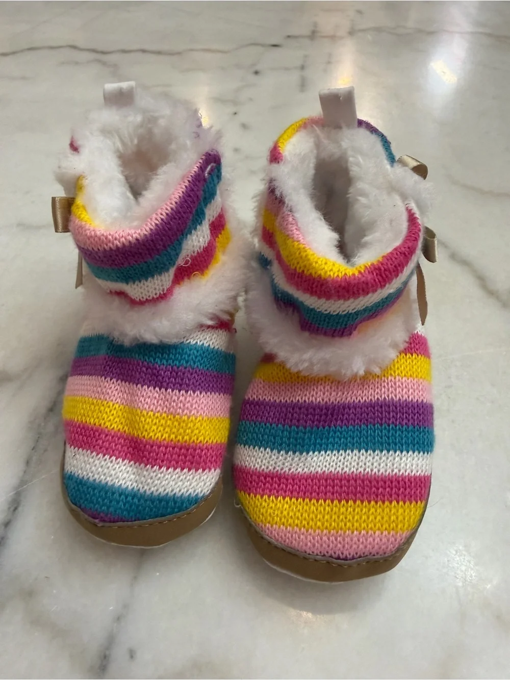 Kids Multicolor Striped Cozy Booties with Faux Fur and Bow